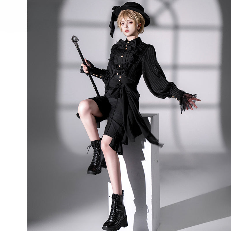 Ouji Fashion Ensemble Dark Black Regal Style Original Lolita Medieval Prince Shirt Pants Set