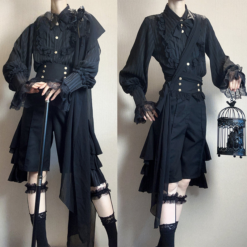 Ouji Fashion Ensemble Dark Black Regal Style Original Lolita Medieval Prince Shirt Pants Set