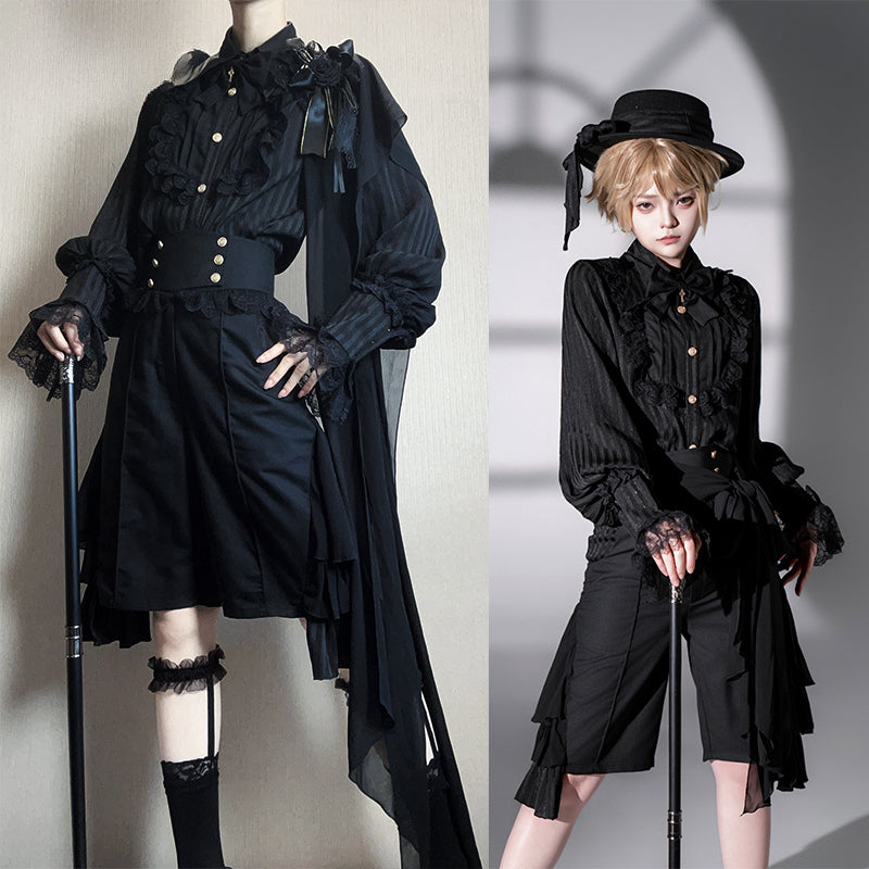 Ouji Fashion Ensemble Dark Black Regal Style Original Lolita Medieval Prince Shirt Pants Set