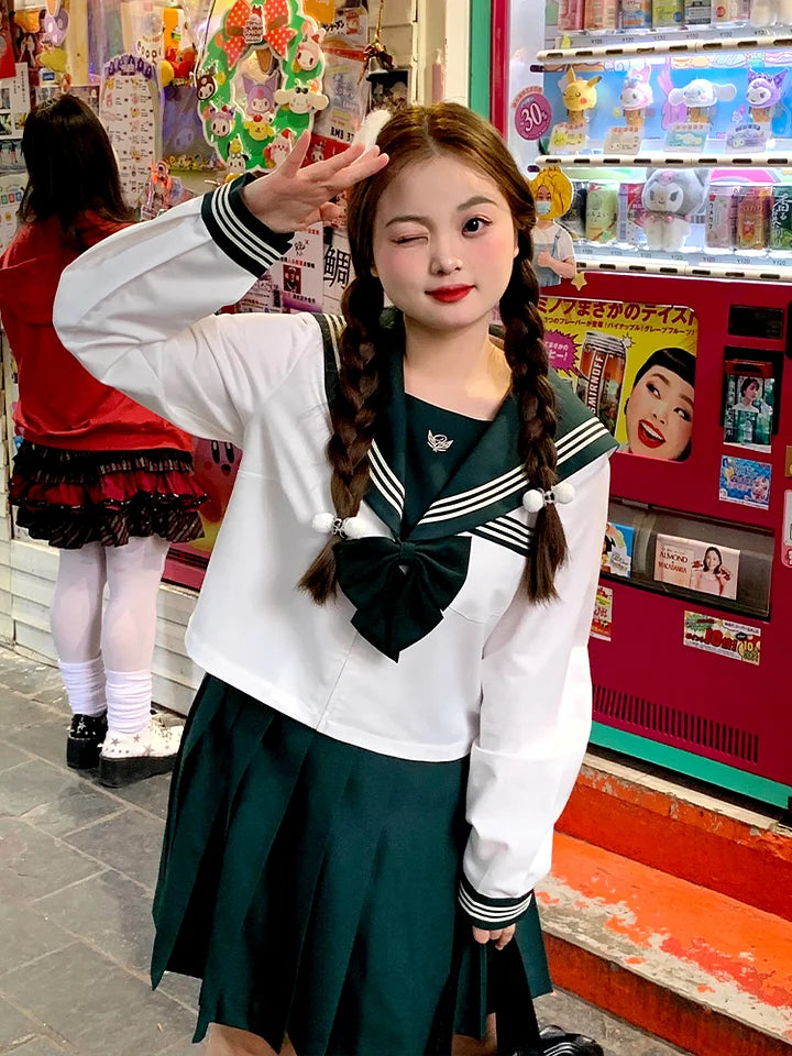 4XL Lolita Dress  Plus Size Japanese School Uniform Style Sailor Dress with Green Accents Set 5XL