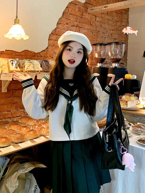 4XL Lolita Dress  Plus Size Japanese School Uniform Style Sailor Dress with Green Accents Set 5XL
