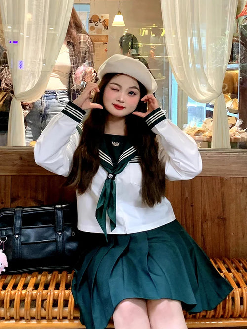 4XL Lolita Dress  Plus Size Japanese School Uniform Style Sailor Dress with Green Accents Set 5XL