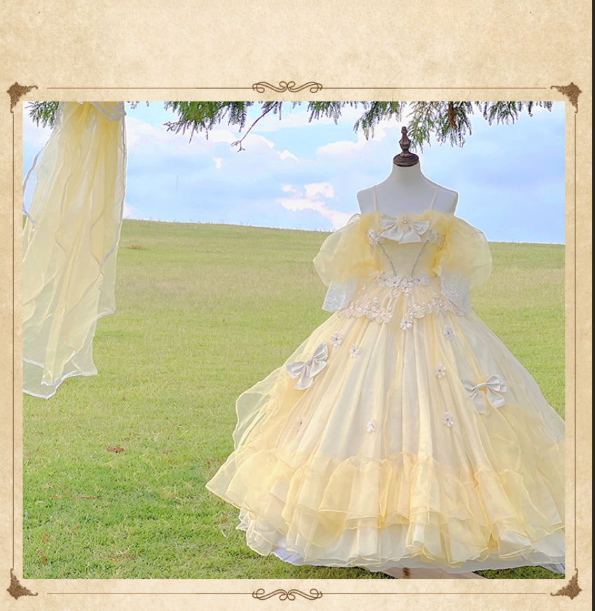 Hime Lolita 4XL Plus Size Creamy Yellow with Floral Embellishments One Piece Dress