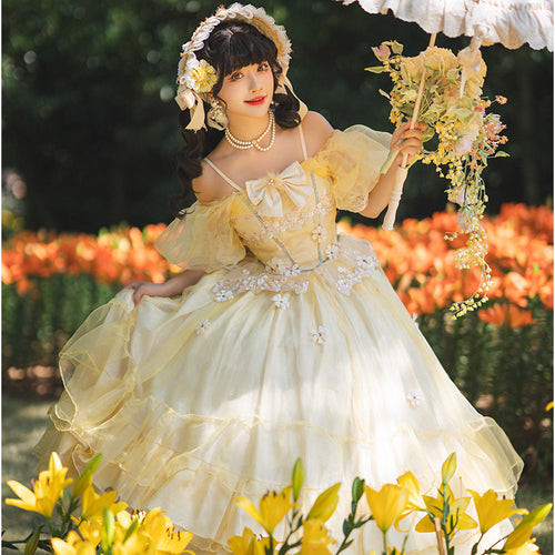 4XL Lolita Dress Plus Size Creamy Yellow Sweet Lolita Dress with Floral Embellishments One Piece Dress
