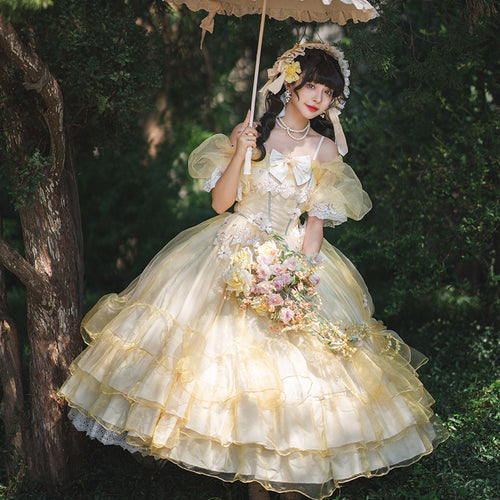 4XL Lolita Dress Plus Size Creamy Yellow Sweet Lolita Dress with Floral Embellishments One Piece Dress