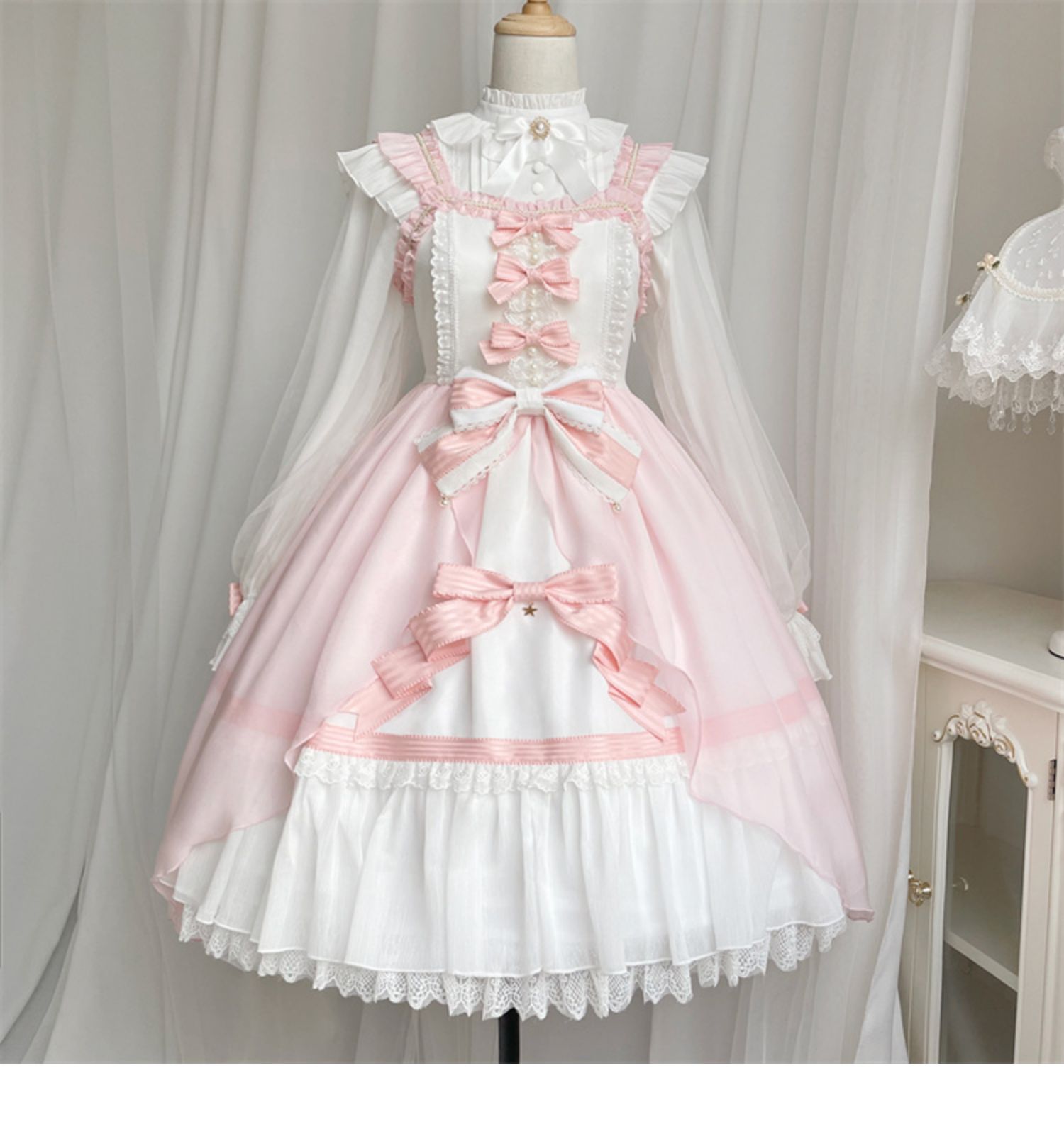 Hime Lolita 4XL Dress Plus Size with Pink Accents Ruffled Details Jumper Skirt