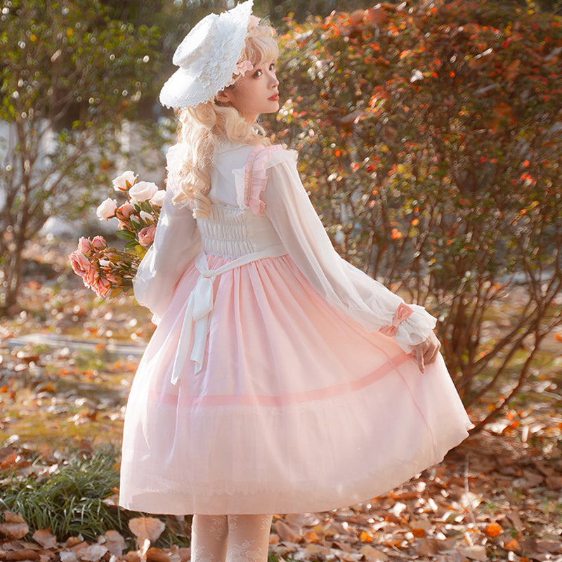 Hime Lolita 4XL Dress Plus Size with Pink Accents Ruffled Details Jumper Skirt