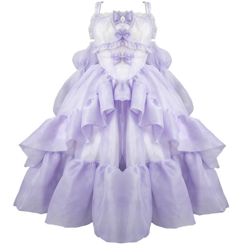 Hime Lolita 4XL Dress Plus Size Purple with Ruffled Layers Organza Sleeves One Piece Dress