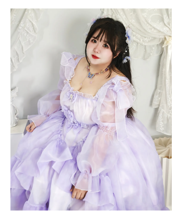 Hime Lolita 4XL Dress Plus Size Purple with Ruffled Layers Organza Sleeves One Piece Dress