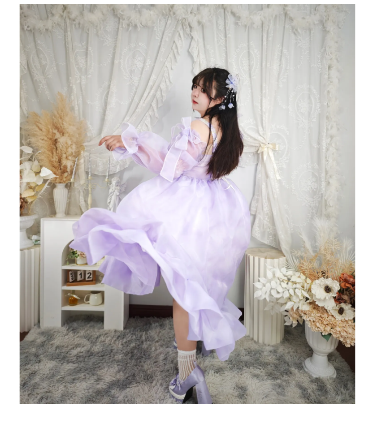 Hime Lolita 4XL Dress Plus Size Purple with Ruffled Layers Organza Sleeves One Piece Dress