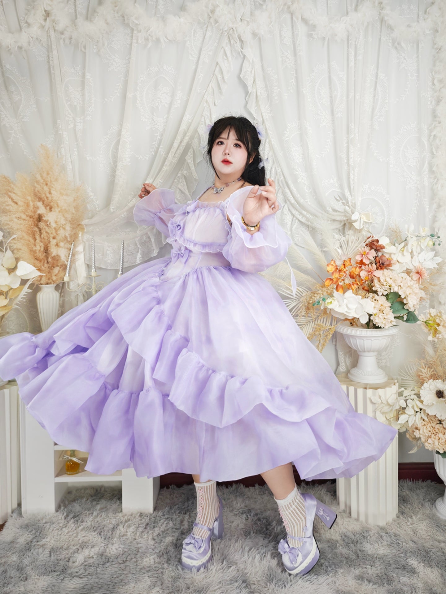Hime Lolita 4XL Dress Plus Size Purple with Ruffled Layers Organza Sleeves One Piece Dress