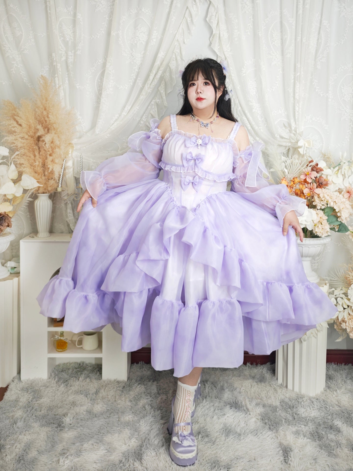 Hime Lolita 4XL Dress Plus Size Purple with Ruffled Layers Organza Sleeves One Piece Dress