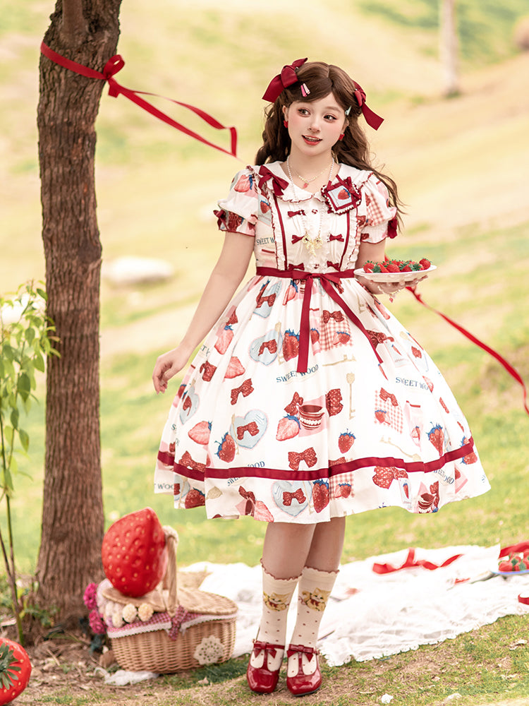 4XL Lolita Dress Plus Size Sweet Lolita Dress with Strawberry Print Bow Accents One Piece Lolita Dress