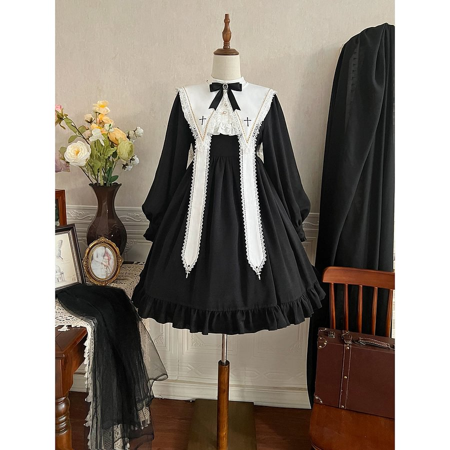Gothic Lolita Black Anthem Cross Long Sleeve Lolita Autumn Dress