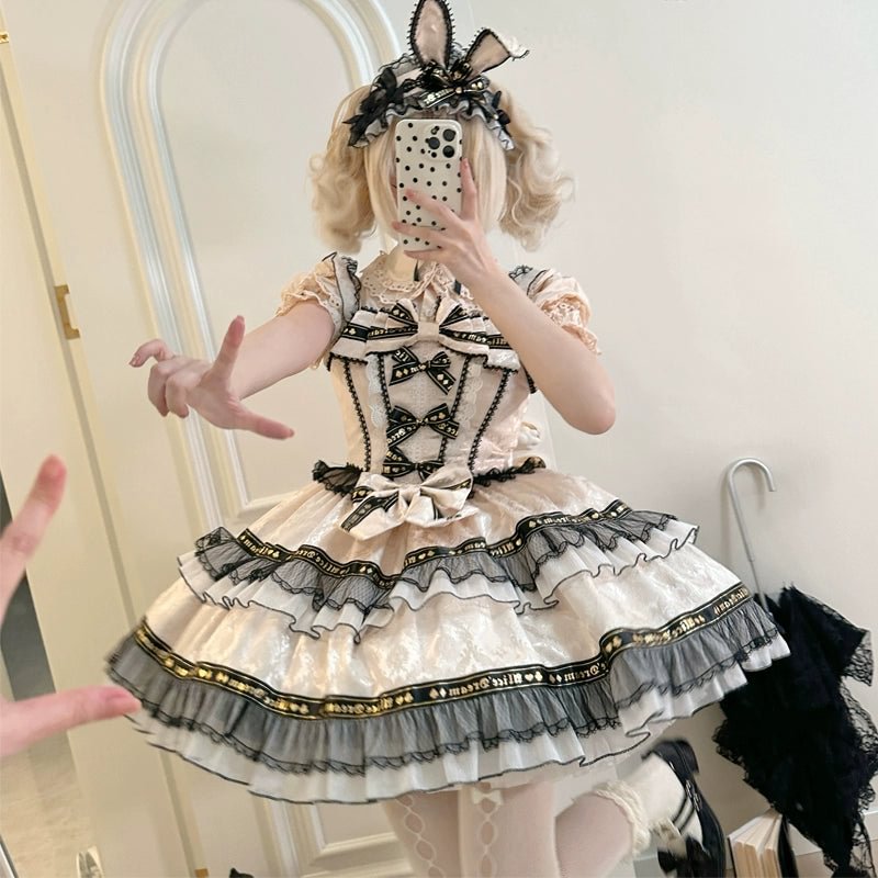 Apricot Blue Beige Bubble Short Sleeve Dress Lolita OP Sweetheart Cute
