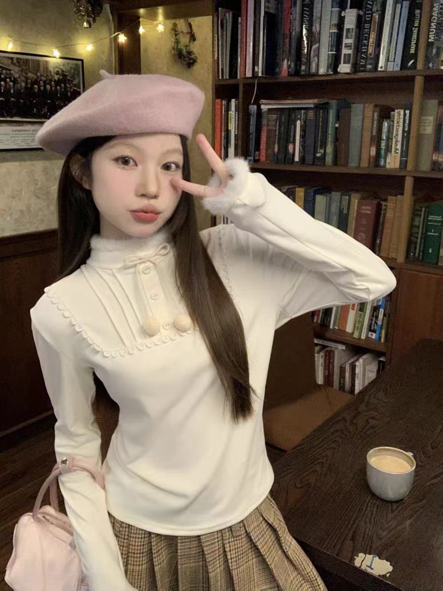 Lolita Blouses Autumn and Winter Cute Lolita Inner Long-sleeved Bottoming Shirt White