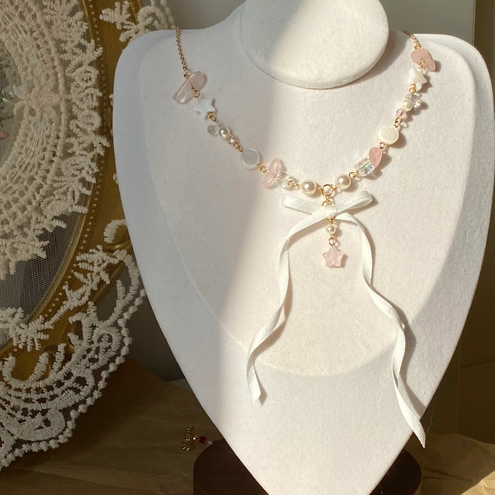 Ballet Style Pearl Streamer Bow Exquisite Dream Pentagram Sweet Necklace