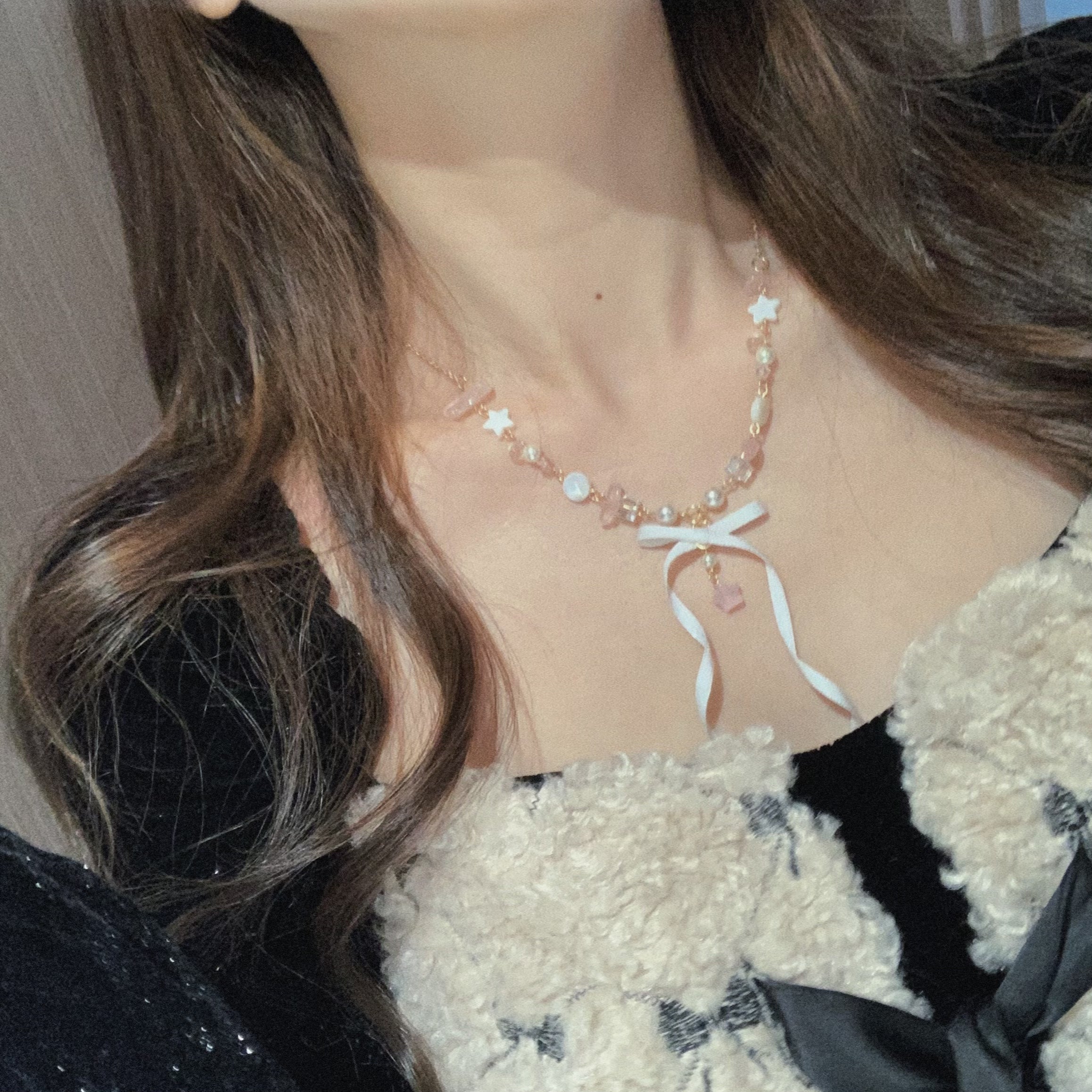Ballet Style Pearl Streamer Bow Exquisite Dream Pentagram Sweet Necklace