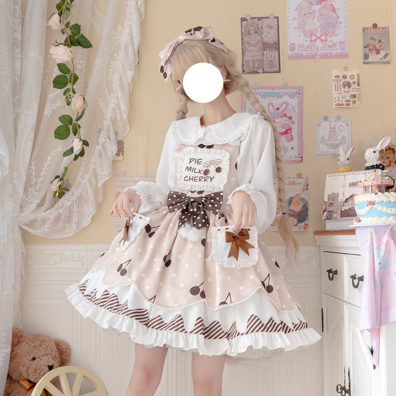 Beige Sweet Cherry Printed Doll Neck Lolita Dress
