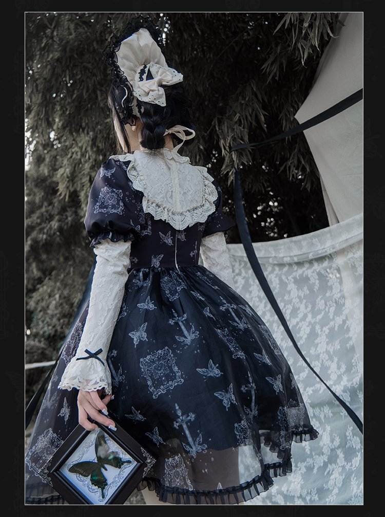 Black Butterfly Print Goth Sweet Dress Long Sleeve Lolita Dress OP