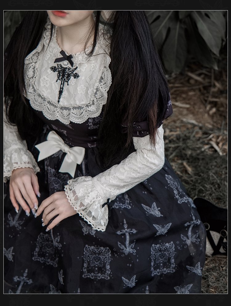 Black Butterfly Print Goth Sweet Dress Long Sleeve Lolita Dress OP
