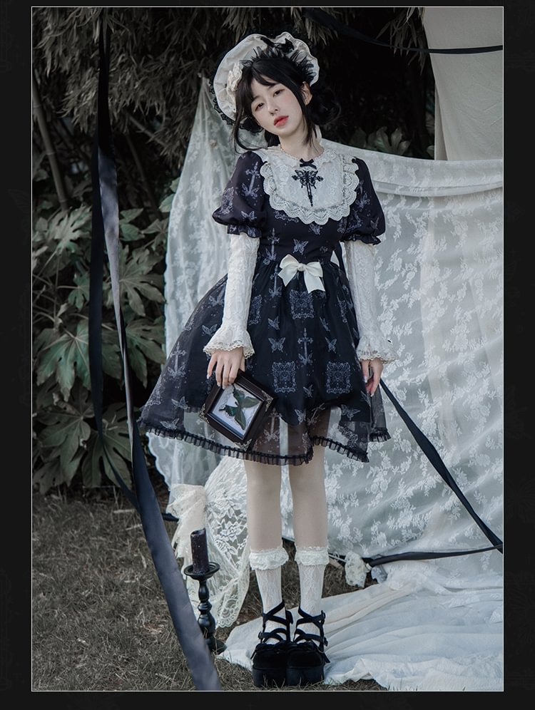 Black Butterfly Print Goth Sweet Dress Long Sleeve Lolita Dress OP