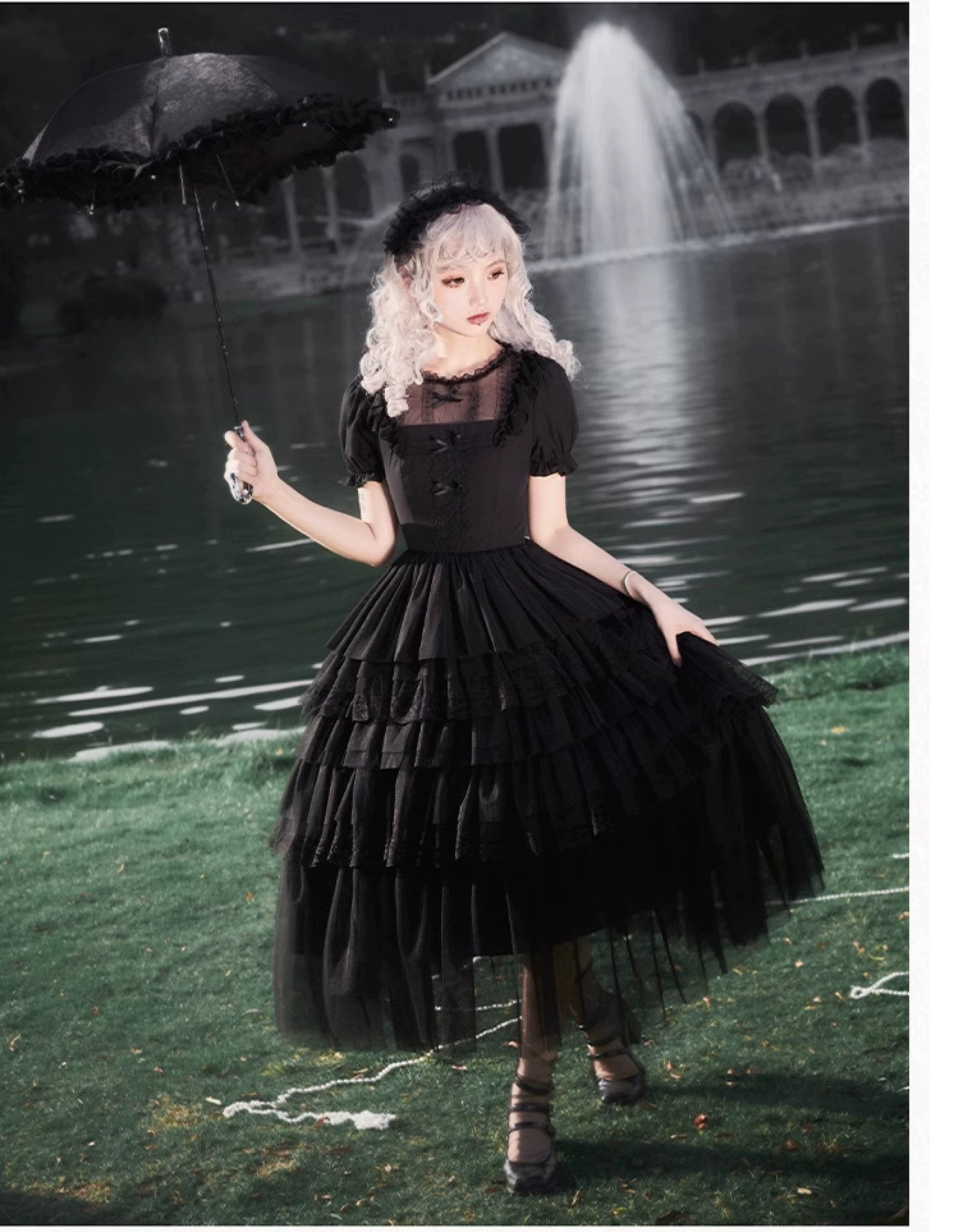 Black Gothic Lolita JSK OP Dress Lace Cake Skirt Dress