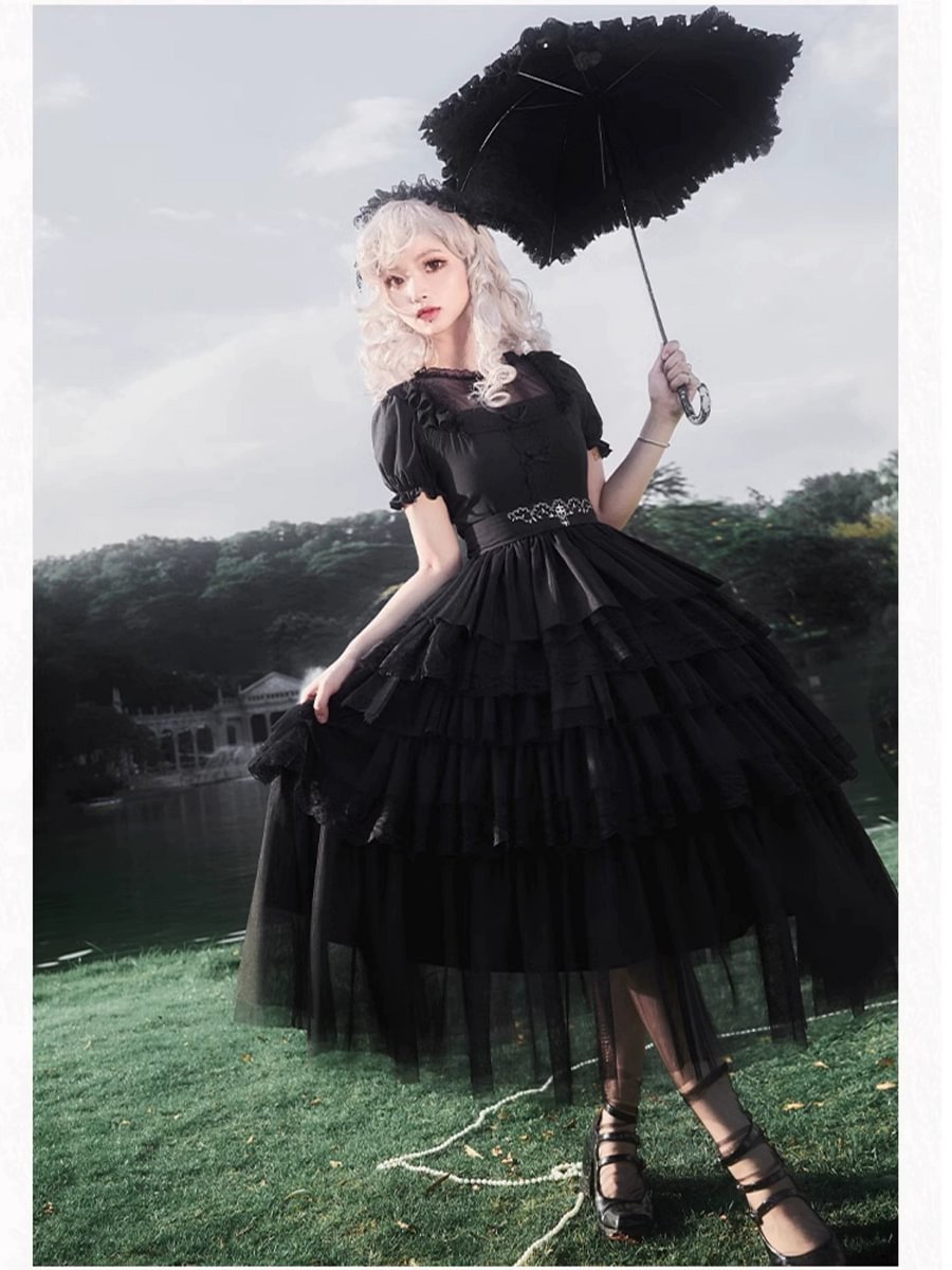 Black Gothic Lolita JSK OP Dress Lace Cake Skirt Dress
