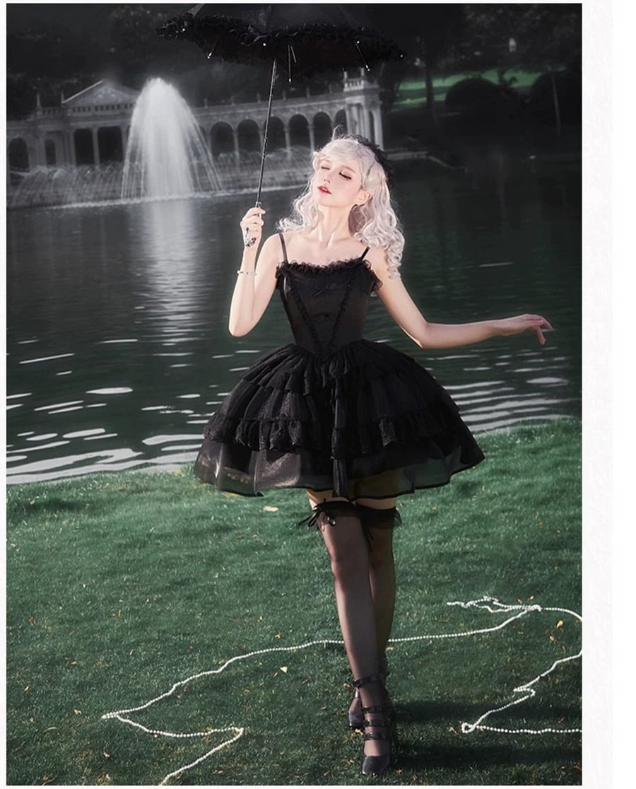 Black Gothic Lolita JSK OP Dress Lace Cake Skirt Dress