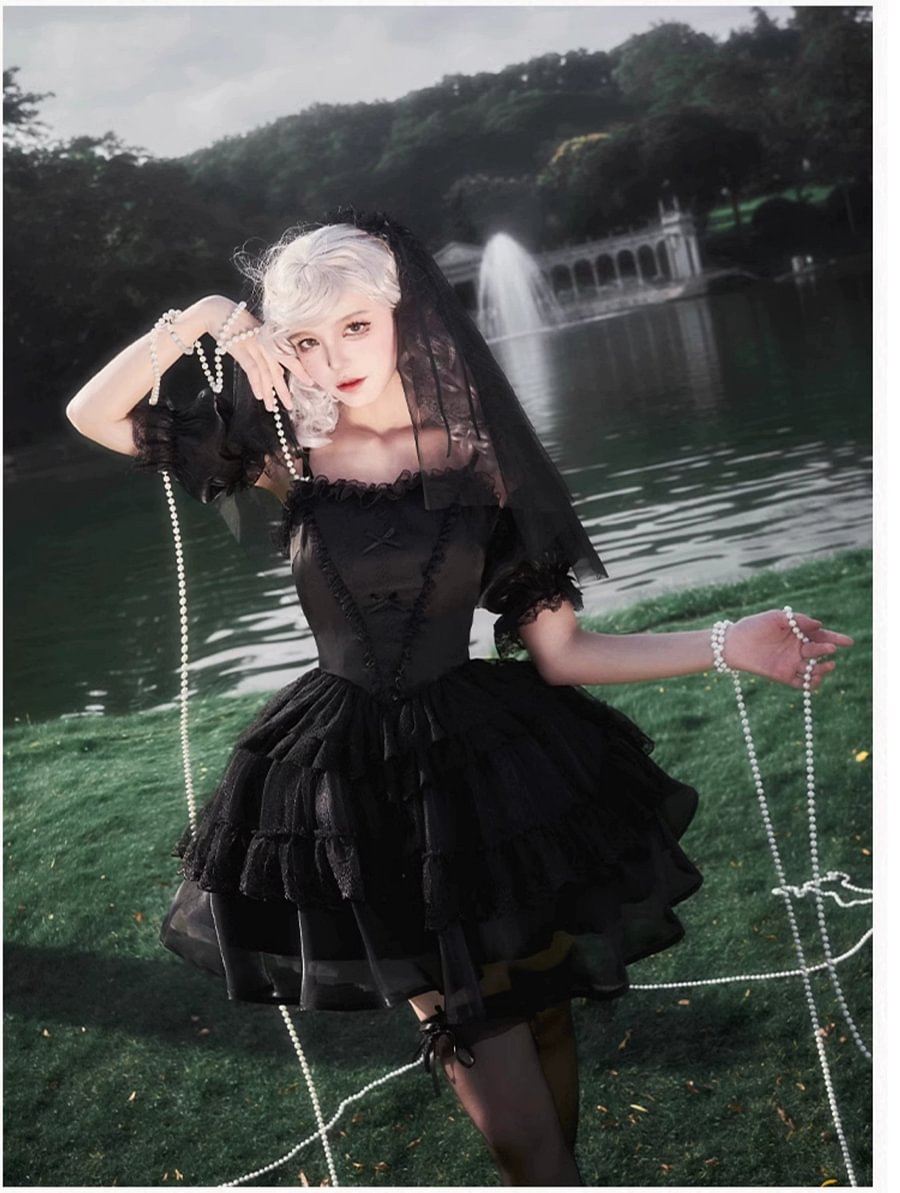 Black Gothic Lolita JSK OP Dress Lace Cake Skirt Dress