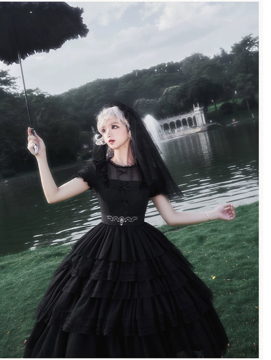 Black Gothic Lolita JSK OP Dress Lace Cake Skirt Dress