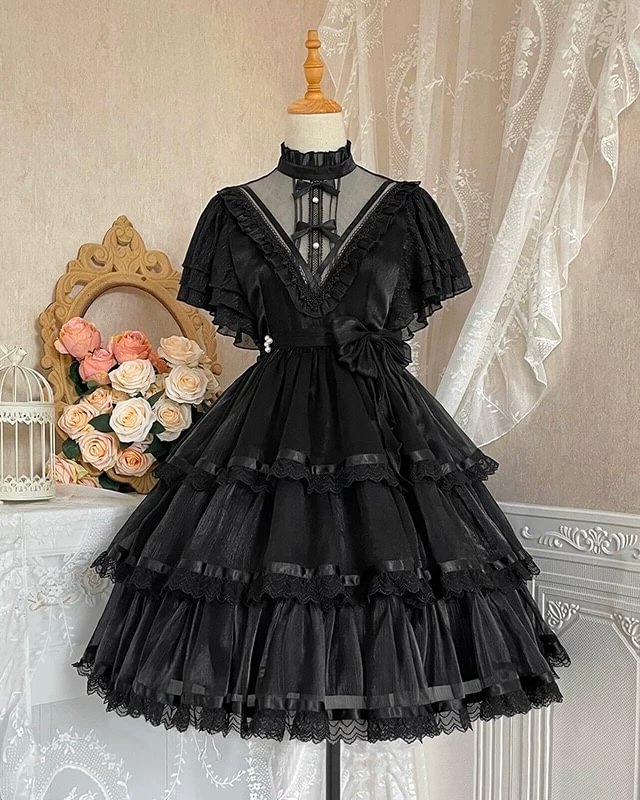 Black Lace Goth Short-sleeved Lolita Dress OP Gothic Romance Outfit Elegant