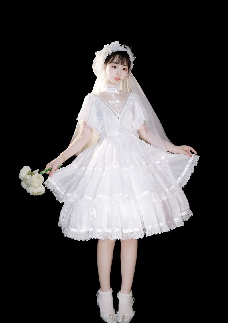 Black Lace Goth Short-sleeved Lolita Dress OP Gothic Romance Outfit Elegant