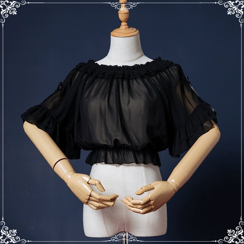 Hime Lolita Black Lace Light Floral Dress Lolita OP Short Sleeve Chiffon Top