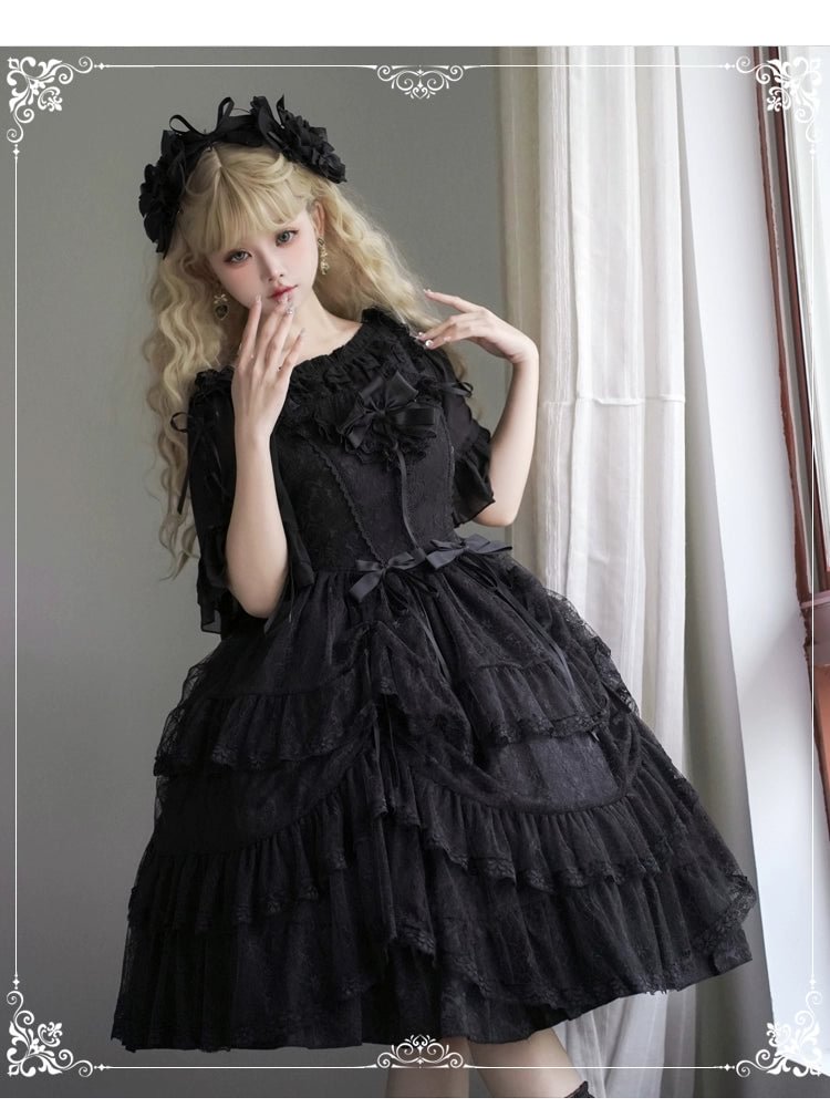 Hime Lolita Black Lace Light Floral Dress Lolita OP Short Sleeve Chiffon Top