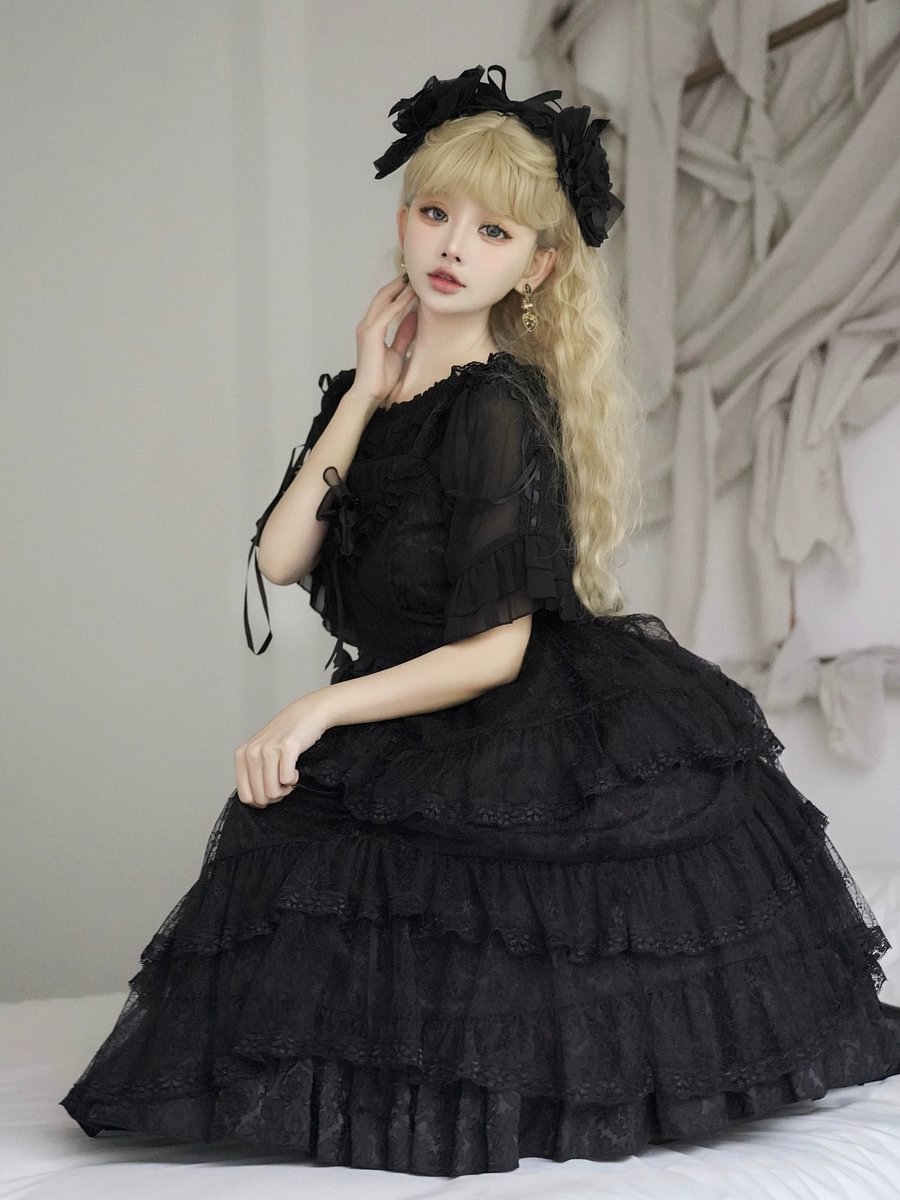 Hime Lolita Black Lace Light Floral Dress Lolita OP Short Sleeve Chiffon Top