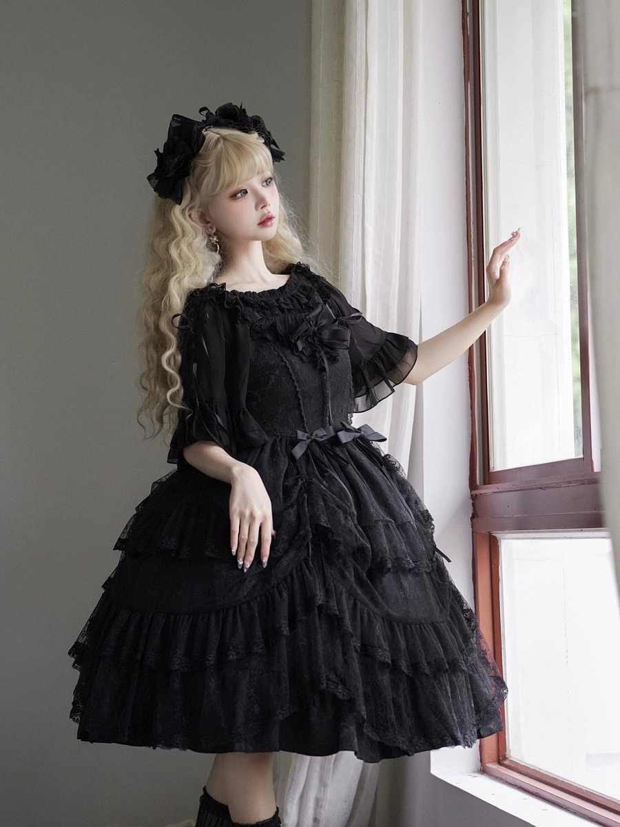 Hime Lolita Black Lace Light Floral Dress Lolita OP Short Sleeve Chiffon Top