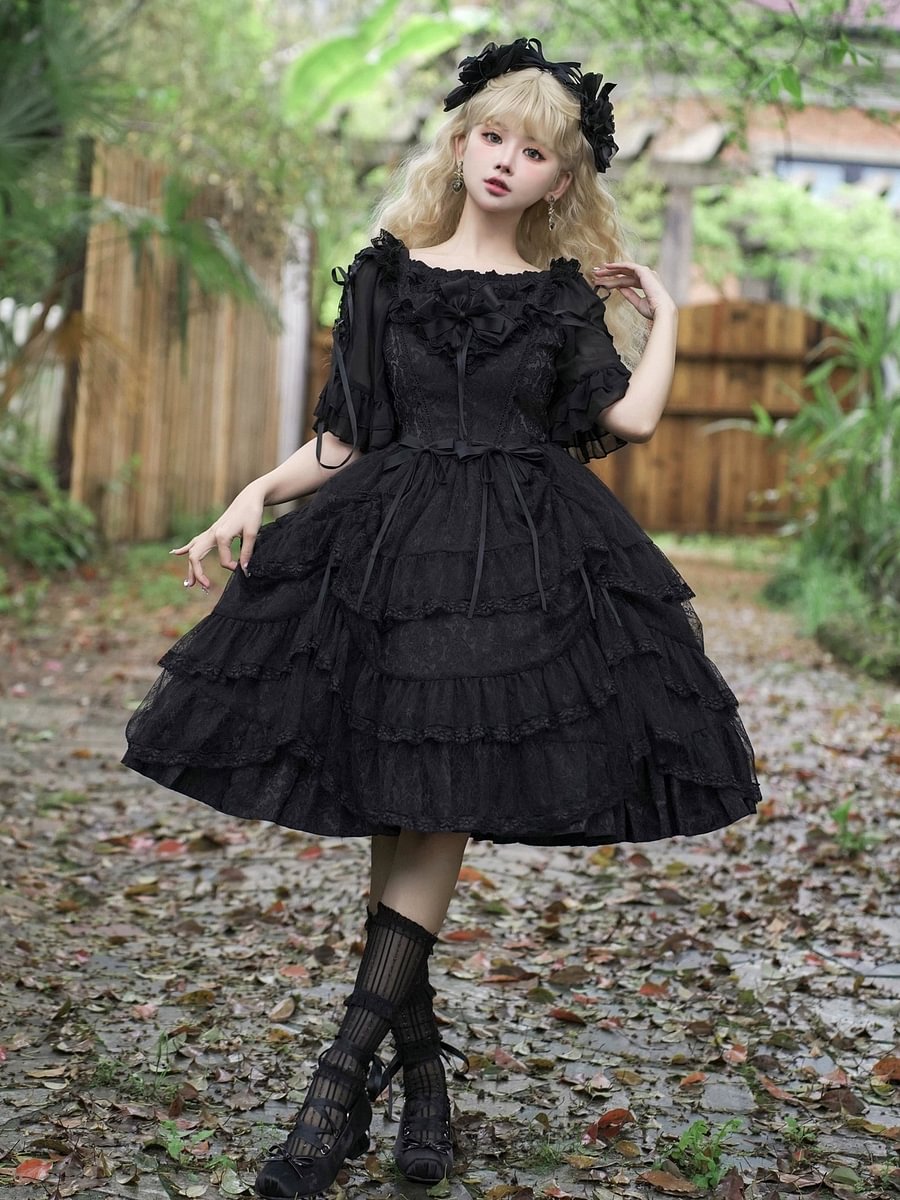 Hime Lolita Black Lace Light Floral Dress Lolita OP Short Sleeve Chiffon Top
