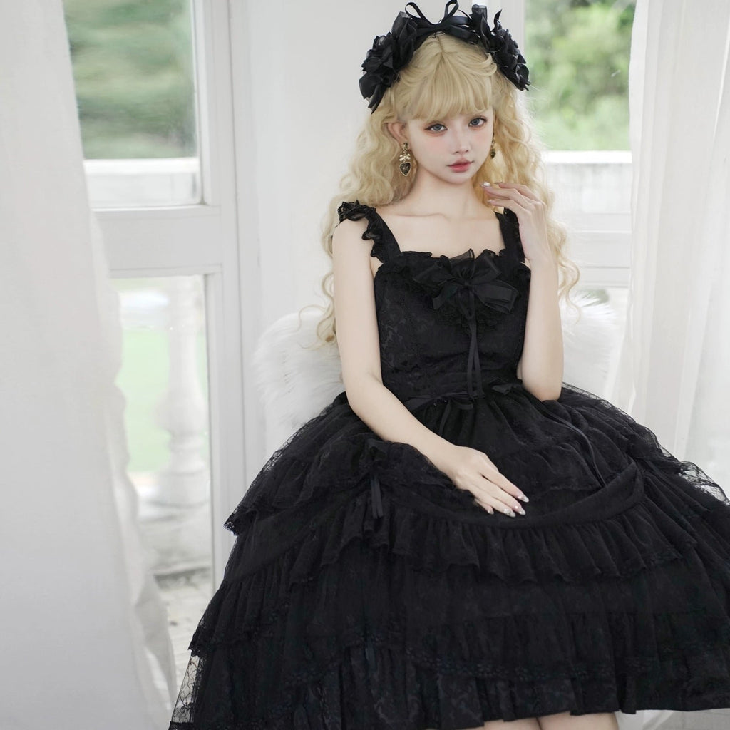 Hime Lolita Black Lace Light Floral Dress Lolita OP Short Sleeve Chiffon Top