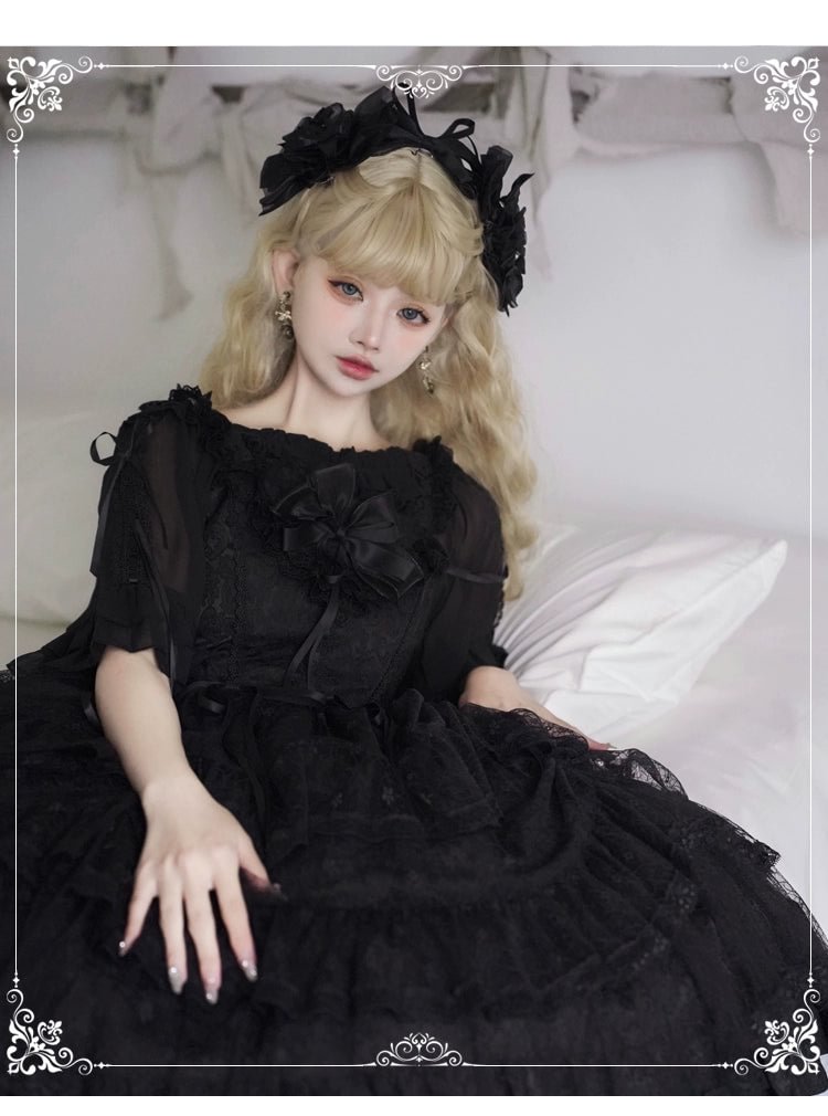 Hime Lolita Black Lace Light Floral Dress Lolita OP Short Sleeve Chiffon Top