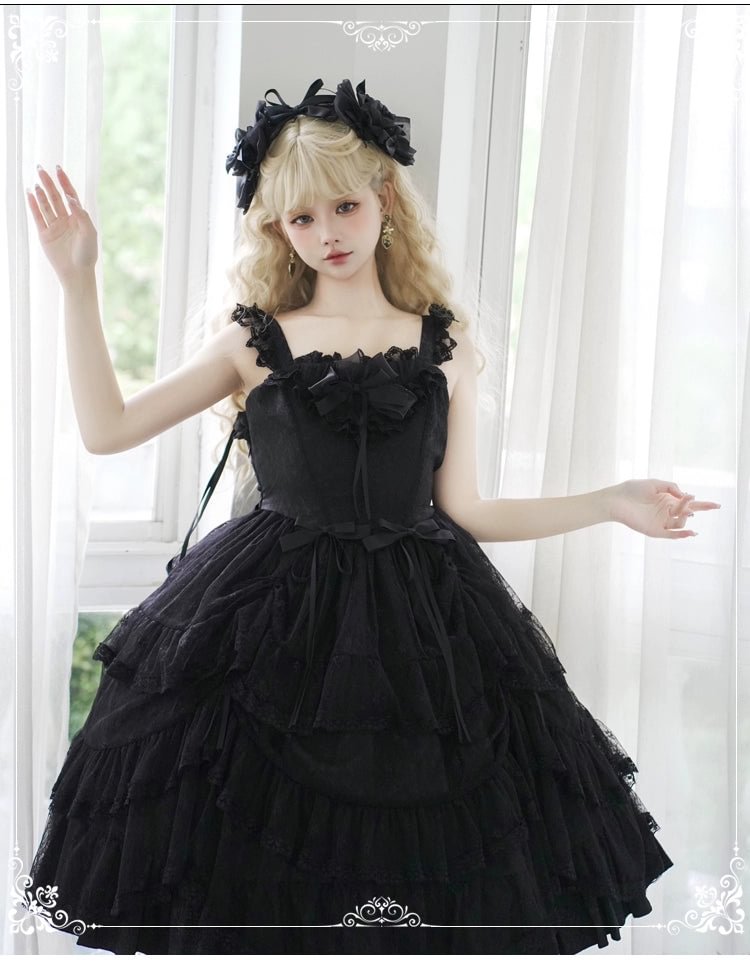 Hime Lolita Black Lace Light Floral Dress Lolita OP Short Sleeve Chiffon Top