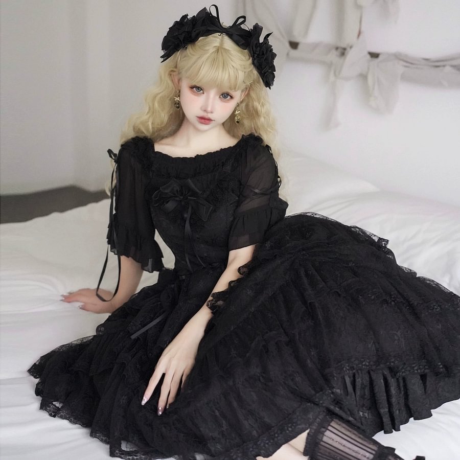 Hime Lolita Black Lace Light Floral Dress Lolita OP Short Sleeve Chiffon Top