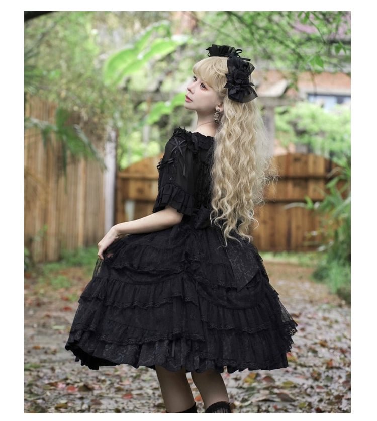 Hime Lolita Black Lace Light Floral Dress Lolita OP Short Sleeve Chiffon Top