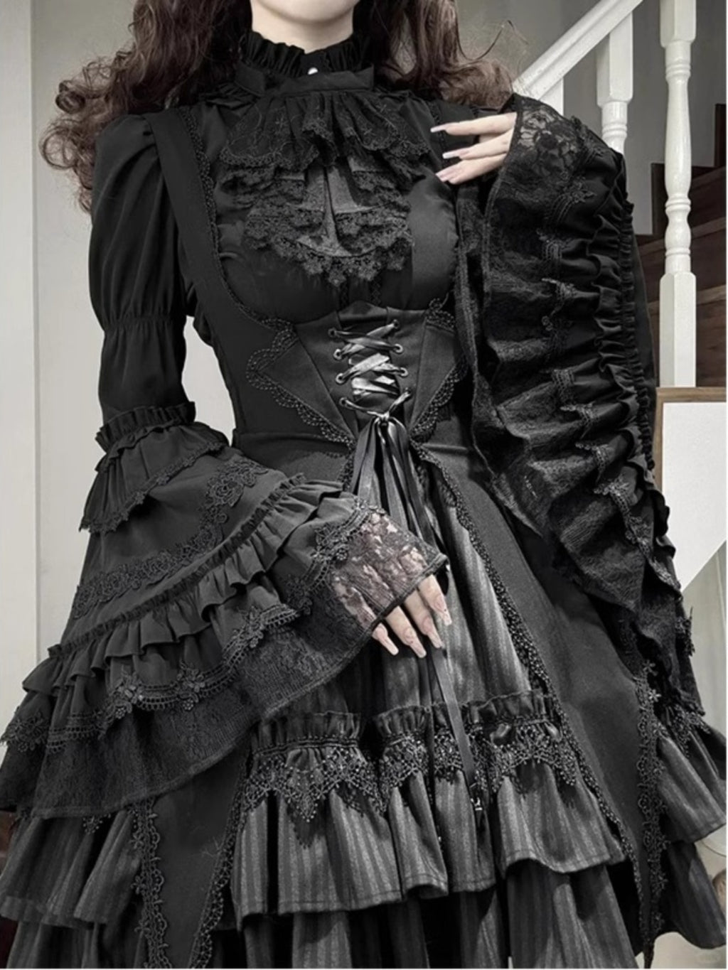 Black Lolita Lace Sleeve Shirt Goth Lolita Shirt Blouse TOP