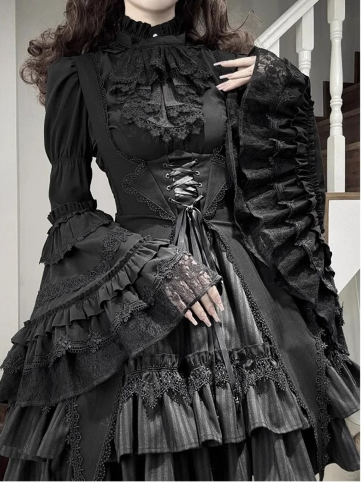 Black Lolita Lace Sleeve Shirt Goth Lolita Shirt Blouse TOP