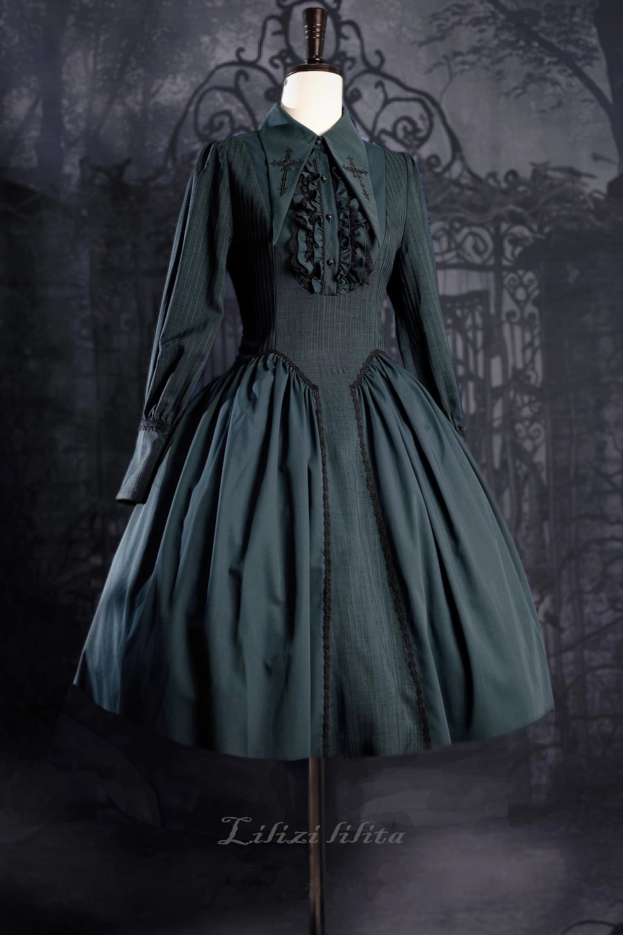Black Plaid Gothic Dress JSK Lolita OP Embroidery Tier Hem