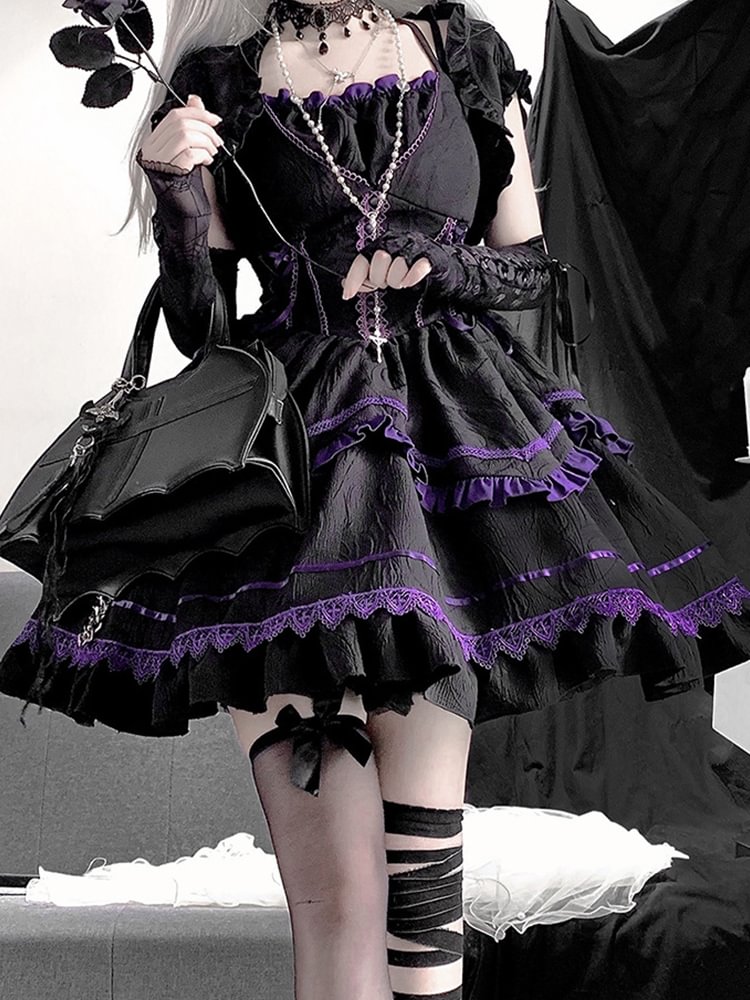 Black-Purple Ruffled Goth Dress Lolita Halloween Costume Dark Princess Dress