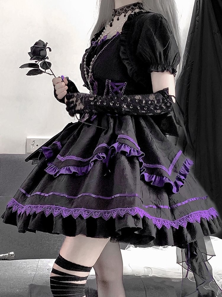 Black-Purple Ruffled Goth Dress Lolita Halloween Costume Dark Princess Dress