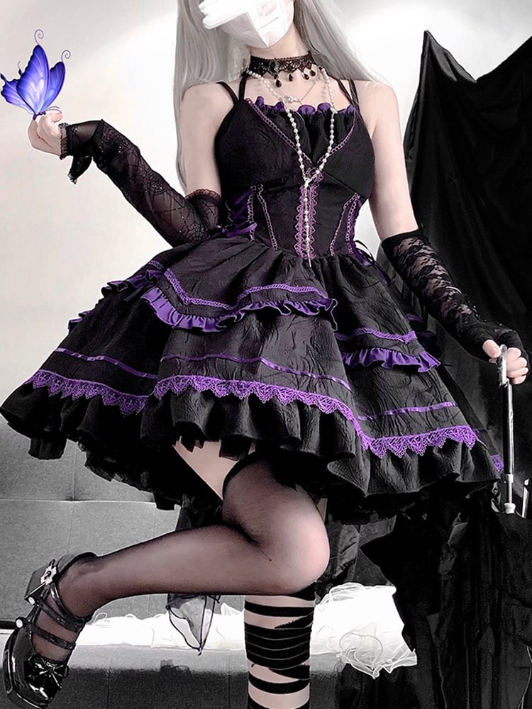 Black-Purple Ruffled Goth Dress Lolita Halloween Costume Dark Princess Dress