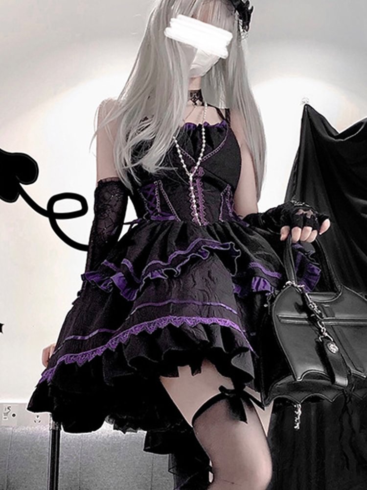 Black-Purple Ruffled Goth Dress Lolita Halloween Costume Dark Princess Dress